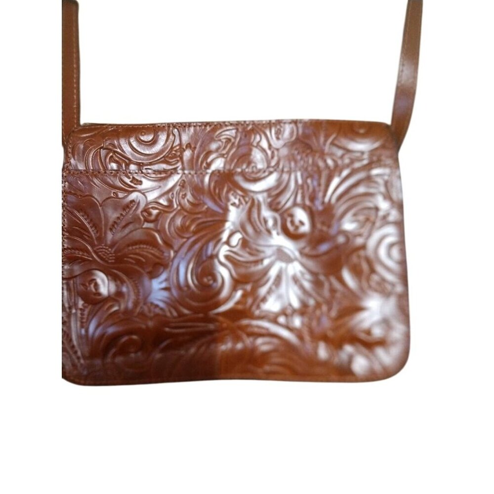 Patricia Nash Embossed Leather Crossbody Bag Adjustable Strap Brown Floral Desig